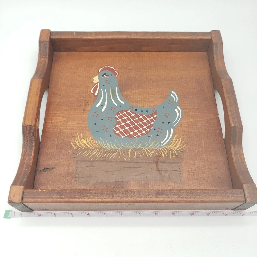Vtg Rooster Farmhouse Wooden Serving Tray Folk Art Hen Hand Painted Rustic Decor
